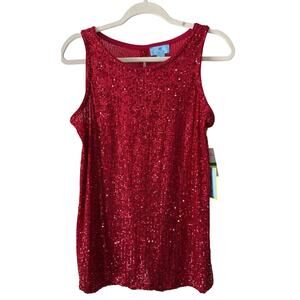 CeCe Sz L Red Sequined Sleeveless Tank Sz L NWT
